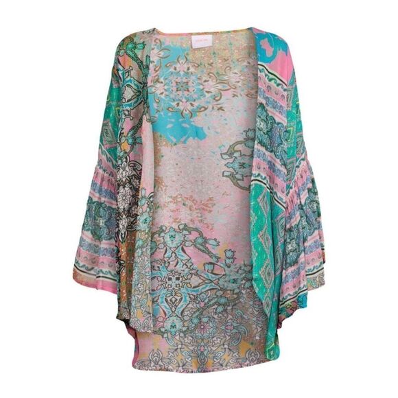 SAACHI Ruffle Printed Open Kimono Blue, Pink One Size - Picture 6 of 12